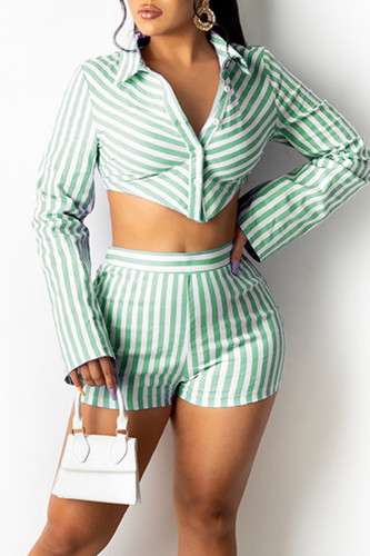 Green Casual Striped Patchwork Buttons Shirt Collar Long Sleeve Two Pieces