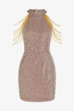 Colour Sexy Elegant Solid Sequins Patchwork Chains O Neck Pencil Skirt Dresses