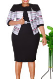 Green Plus Size Elegant Striped Patchwork With Belt O Neck Wrapped Skirt Plus Size Two Pieces