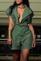 Army Green Casual Street Solid Patchwork Buckle Turndown Collar Straight Rompers