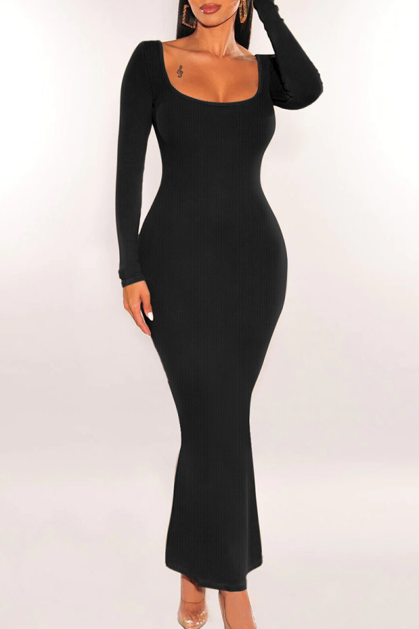 Svarta Elegant Solid Patchwork Slit U-hals långärmade klänningar