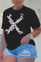 Schwarze Patchwork-T-Shirts mit O-Ausschnitt und Vintage-Print