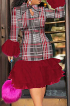 Vestido estampado de rua cor de vinho vazado patchwork com decote em V vestidos plus size
