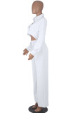 Blanc décontracté solide Patchwork cordon de serrage boucle col de chemise à manches longues deux pièces