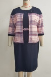 Lila Plus Size Elegant randigt lapptäcke med bälte O-hals omslagen kjol Plus Size två delar