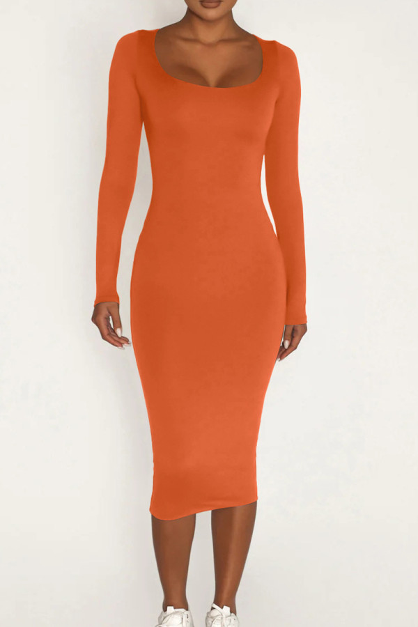 Vestidos de saia enrolada casual laranja sólido patchwork com decote em U