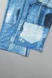 Azul casual impressão de rua patchwork decote oco plus size duas peças