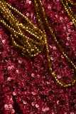 Roze sexy elegante effen pailletten patchwork kettingen O-hals kokerrokjurken