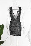 Schwarze, sexy, solide Patchwork-durchsichtige Hot Drill-Bleistiftrock-Kleider mit V-Ausschnitt