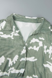 Exército Verde Casual Estampa Bandagem Patchwork Fivela Turndown Collar Macacões Plus Size
