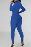 Blue Sexy Solid Patchwork Buckle V Neck Skinny Jumpsuits