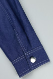 Темно-синий элегантный однотонный лоскутный карман с уздечкой и пряжкой, воротник-кардиган, длинный рукав, прямая джинсовая куртка со средней талией