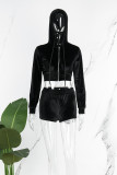 Black Casual Solid Patchwork Draw String Zipper Hooded Collar Long Sleeve Two Pieces