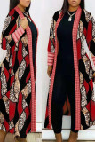 Yellow Casual Print Patchwork Cardigan Collar Plus Size Overcoat