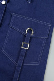 Azul profundo elegante sólido retalhos bolso frenulum fivela cardigan gola manga longa meados de cintura jaqueta jeans reta