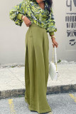 Зеленый сладкий полосатый лоскутный карман, складной, V-образный вырез, длинный рукав, два предмета