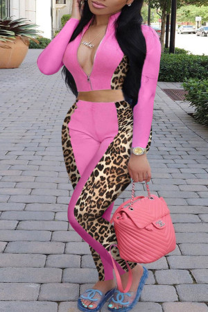 Pink Casual Print Leopard Zipper Zipper Collar Plus Size Two Pieces