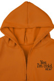 Orange Casual Letter Patchwork Draw String Pocket Hooded Collar Long Sleeve Three Pieces