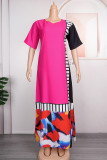 Rozerood casual gestreept kleurenblok patchwork lange jurk met o-hals grote maten jurken