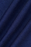 Tiefblaue, elegante, solide Patchwork-Taschen-Frenulum-Schnalle-Cardigan-Kragen-Langarm-Jeansjacke mit mittlerer Taille und geradem Schnitt