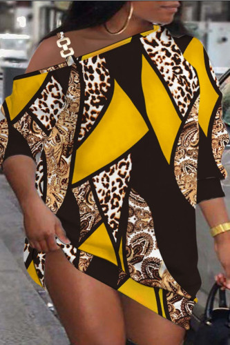 Gele casual print-patchwork-jurken met schuine kraag