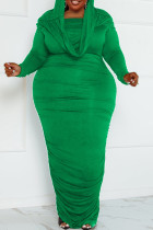 Grön Sexig Street Solid Patchwork Hooded Krage Inslagna kjol Plus Size Klänningar