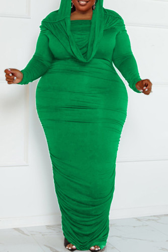 グリーン セクシー ストリート ソリッド パッチワーク フード付き襟 ラップ スカート プラス サイズ ドレス
