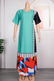 Blue Casual Striped Color Block Patchwork O Neck Long Dress Plus Size Dresses