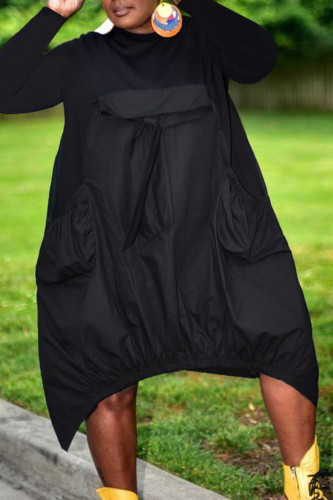 Schwarzes Street-Elegantes, einfarbiges Bandage-Patchwork-Kleid mit O-Ausschnitt und A-Linie