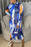 Robes jupe enveloppées bleues élégantes en patchwork à col rond