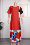 Vestido longo vermelho casual listrado colorido patchwork com decote em O vestidos plus size