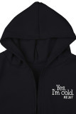 Black Casual Letter Patchwork Draw String Pocket Hooded Collar Long Sleeve Three Pieces