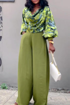 Зеленый сладкий полосатый лоскутный карман, складной, V-образный вырез, длинный рукав, два предмета