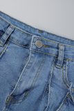 Blue Sexy Street Solid Patchwork Pocket Buttons Zipper Mid Waist Skinny Cargo Denim Mini Skirts