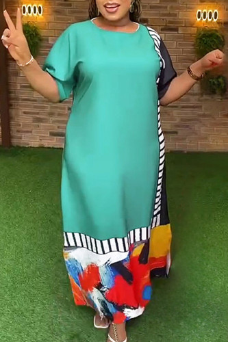 Green Casual Striped Color Block Patchwork O Neck Long Dress Plus Size Dresses