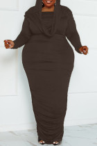 Mörkbrun Sexig Street Solid Patchwork Hooded Collared Kjol Plus Size Klänningar