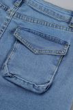 Azul sexy rua sólido retalhos bolso botões zíper cintura média saias jeans magros