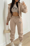 Brown Casual Letter Patchwork Draw String Pocket Hooded Collar Long Sleeve Three Pieces