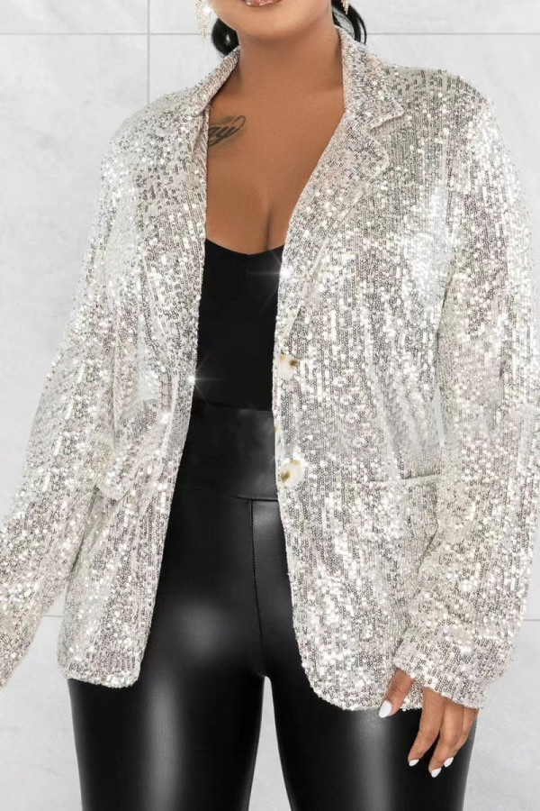 Silberfarbene Celebrities-Oberbekleidung mit einfarbigem Patchwork-Umlegekragen und Pailletten