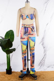 Multicolor Sexy Street Party Print Sleeveless Two Pieces Tube Crop Tops And Pants Sets