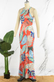 White Casual Daily Vacation Simplicity Floral Printing Halter African Print Dresses for Women