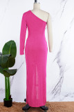 Rosa Vermelho Casual Elegante Simplicidade Impressão Assimétrica Um Ombro Vestidos Longos Vestidos