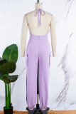Purple Sexy Casual Daily Simplicity Pocket Slit Solid Color Spaghetti Strap Regular Jumpsuits