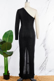 Черное повседневное повседневное элегантное простое асимметричное длинное платье с принтом на одно плечо Платья