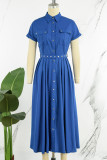 Синее повседневное однотонное базовое платье с отложным воротником и коротким рукавом Платья Платья