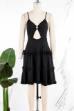 Черное сексуальное сладкое повседневное мини-платье с открытой спиной, сплошной цвет, стринги, кромка, на тонких бретельках, платья