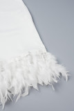 Белое повседневное вечернее элегантное простое платье в стиле пэчворк с перьями, однотонное платье без рукавов с круглым вырезом, платья