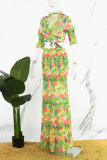 Green Elegant Vacation Floral Solid Color Stringy Selvedge Smocking Half Sleeve Two Pieces