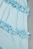 Bleu bébé Sexy doux quotidien fête dos nu couleur unie lisière spaghetti sangle Mini robe robes