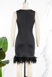 Black Daily Party Elegant Simplicity Patchwork Feathers Solid Color O Neck Sleeveless Dress Dresses